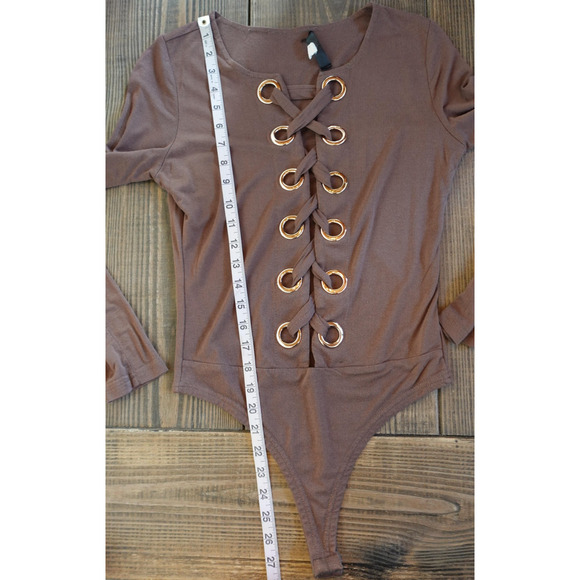 Lace Up Bodysuit Womens Large Brown Gold Long Sleeve Eyelet Grommet Stretchy Top - Picture 4 of 7